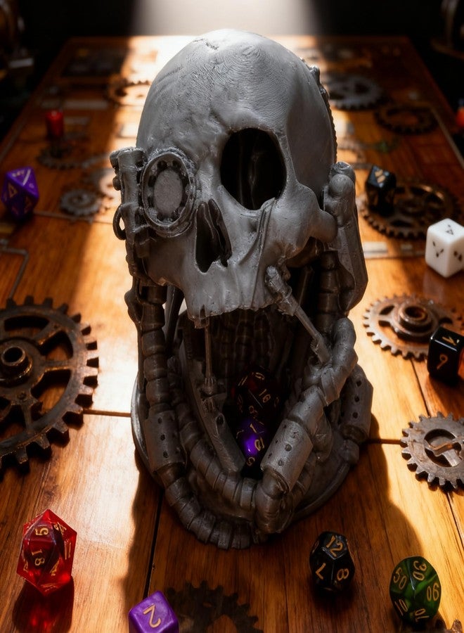 XJPONGC Mechanical Skull Dice Tower Dungeons and Dragons RPG abletop Roleplaying Game Jail D&D (Random 7PCS D20 Dice Set Included) Silver - Image 4